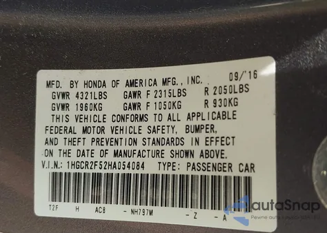 2017 Honda Accord Sport из США, поврежденный, VIN 1HGCR2F52HA054084